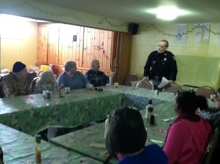 Dorothy & Roger Pingree, Betty Ann & Bob Hayward are pictured with Captain Claude Weyant from the Windsor County Sheriff’s Dept at the Reach Out Community Luncheon on 2/20 downstairs at Tyson Church.